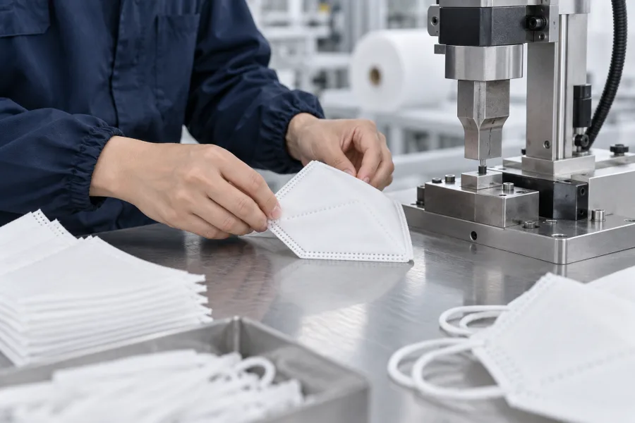 Koncepcyjny kadr dłoni operatora układającego panel półmaski przy stanowisku produkcyjnym